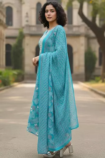 Women Floral Printed Regular Thread Work  Cotton Kurta with Trousers & With Dupatta
