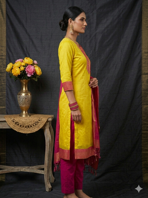 Lemon woven jaquard straight kurti dupatta with pant 4