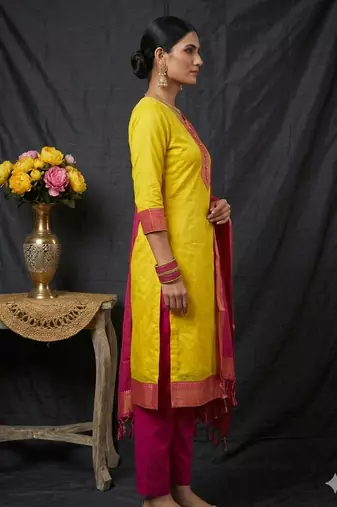 Lemon woven jaquard straight kurti dupatta with pant