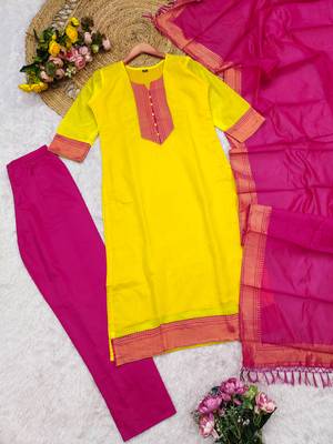 Lemon woven jaquard straight kurti dupatta with pant 5