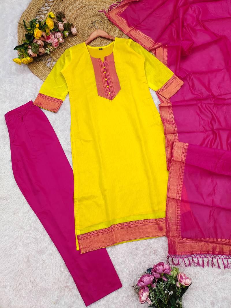 Lemon woven jaquard straight kurti dupatta with pant