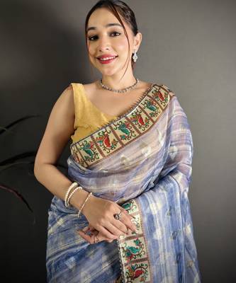 royal blue slub cotton blend printed saree with unstitched blouse piece. 1