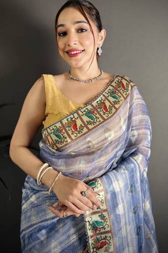 royal blue slub cotton blend printed saree with unstitched blouse piece.