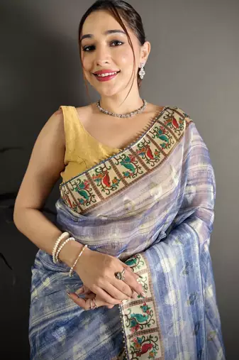 royal blue slub cotton blend printed saree with unstitched blouse piece.