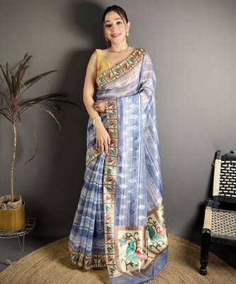 royal blue slub cotton blend printed saree with unstitched blouse piece. 2
