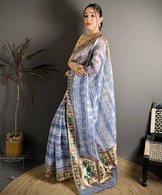 royal blue slub cotton blend printed saree with unstitched blouse piece. 3