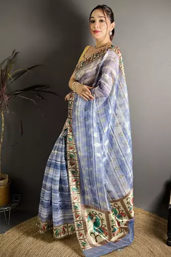 royal blue slub cotton blend printed saree with unstitched blouse piece.