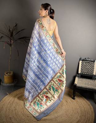 royal blue slub cotton blend printed saree with unstitched blouse piece. 4