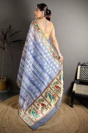 royal blue slub cotton blend printed saree with unstitched blouse piece.
