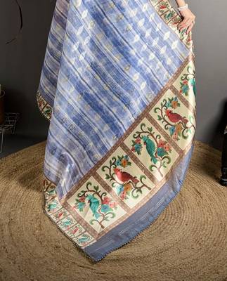 royal blue slub cotton blend printed saree with unstitched blouse piece. 5