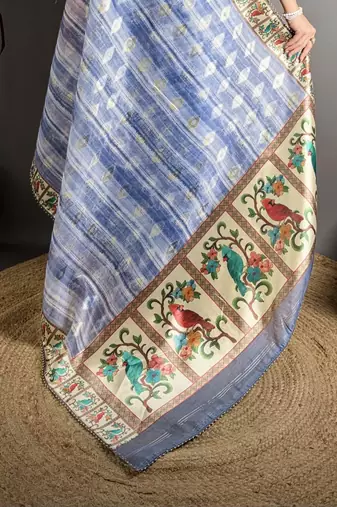 royal blue slub cotton blend printed saree with unstitched blouse piece.