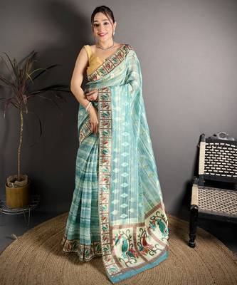 sky blue slub cotton blend printed saree with unstitched blouse piece. 2