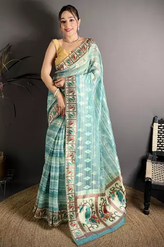 sky blue slub cotton blend printed saree with unstitched blouse piece.