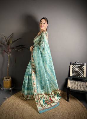 sky blue slub cotton blend printed saree with unstitched blouse piece. 3
