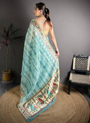 sky blue slub cotton blend printed saree with unstitched blouse piece. 4