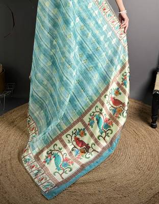 sky blue slub cotton blend printed saree with unstitched blouse piece. 5