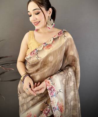 brown premium cotton blend printed saree with unstitched blouse piece. 1