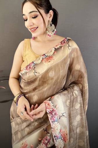 brown premium cotton blend printed saree with unstitched blouse piece