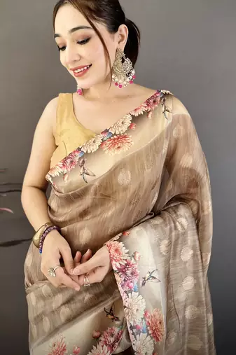 brown premium cotton blend printed saree with unstitched blouse piece.