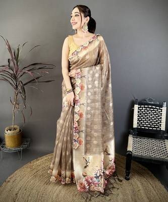 brown premium cotton blend printed saree with unstitched blouse piece. 2