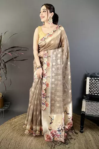 brown premium cotton blend printed saree with unstitched blouse piece.