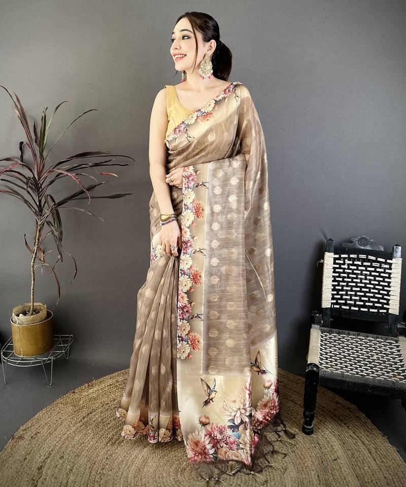 brown premium cotton blend printed saree with unstitched blouse piece.