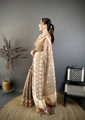 brown premium cotton blend printed saree with unstitched blouse piece. 3