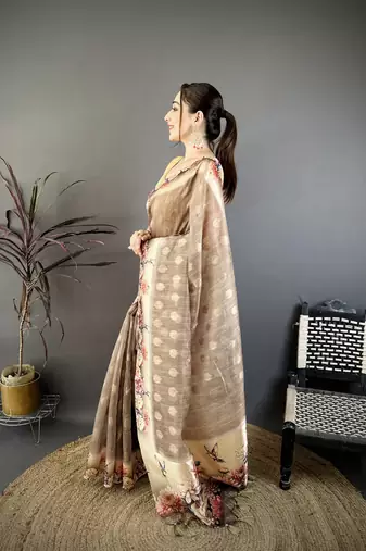 brown premium cotton blend printed saree with unstitched blouse piece.