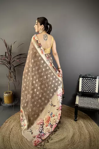 brown premium cotton blend printed saree with unstitched blouse piece.