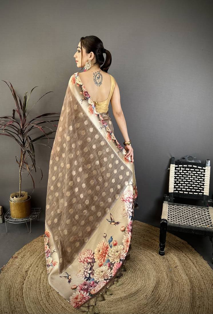 brown premium cotton blend printed saree with unstitched blouse piece.