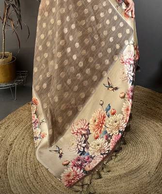 brown premium cotton blend printed saree with unstitched blouse piece. 5