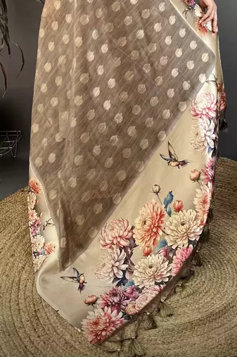 brown premium cotton blend printed saree with unstitched blouse piece.