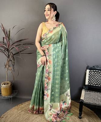 green premium cotton blend printed saree with unstitched blouse piece. 1