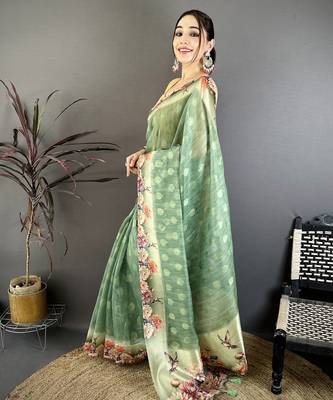 green premium cotton blend printed saree with unstitched blouse piece. 2