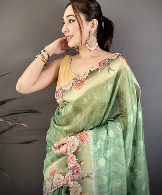 green premium cotton blend printed saree with unstitched blouse piece. 3