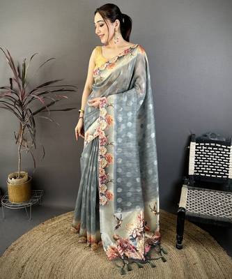 grey premium cotton blend printed saree with unstitched blouse piece. 1