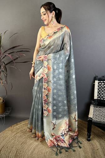 grey premium cotton blend printed saree with unstitched blouse piece.