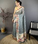grey premium cotton blend printed saree with unstitched blouse piece.