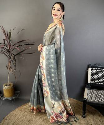 grey premium cotton blend printed saree with unstitched blouse piece. 2