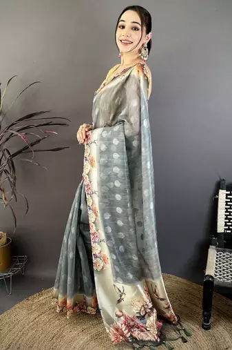 grey premium cotton blend printed saree with unstitched blouse piece.
