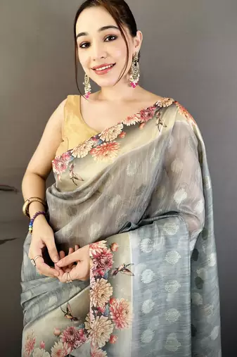 grey premium cotton blend printed saree with unstitched blouse piece.