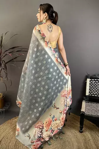 grey premium cotton blend printed saree with unstitched blouse piece.