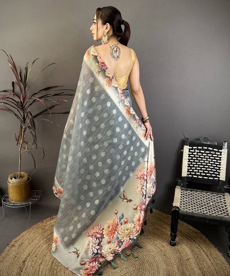 grey premium cotton blend printed saree with unstitched blouse piece.