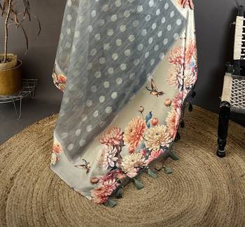 grey premium cotton blend printed saree with unstitched blouse piece. 5