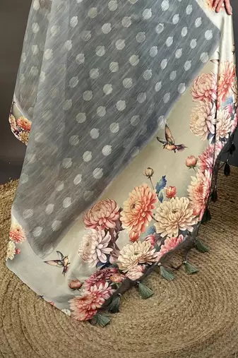 grey premium cotton blend printed saree with unstitched blouse piece.