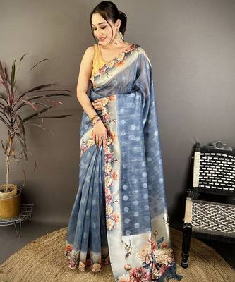 navy blue premium cotton blend printed saree with unstitched blouse piece. 1