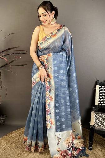 navy blue premium cotton blend printed saree with unstitched blouse piece.