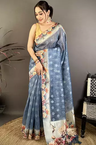 navy blue premium cotton blend printed saree with unstitched blouse piece.