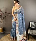 navy blue premium cotton blend printed saree with unstitched blouse piece.