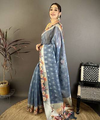 navy blue premium cotton blend printed saree with unstitched blouse piece. 2